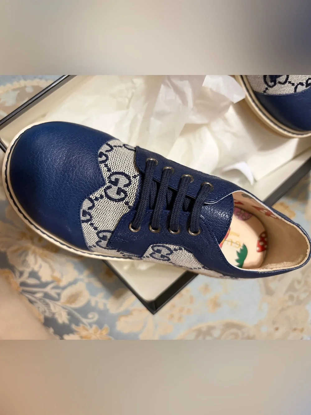 Kids Gucci Blue Leather and Monogram Canvas Dress Shoes